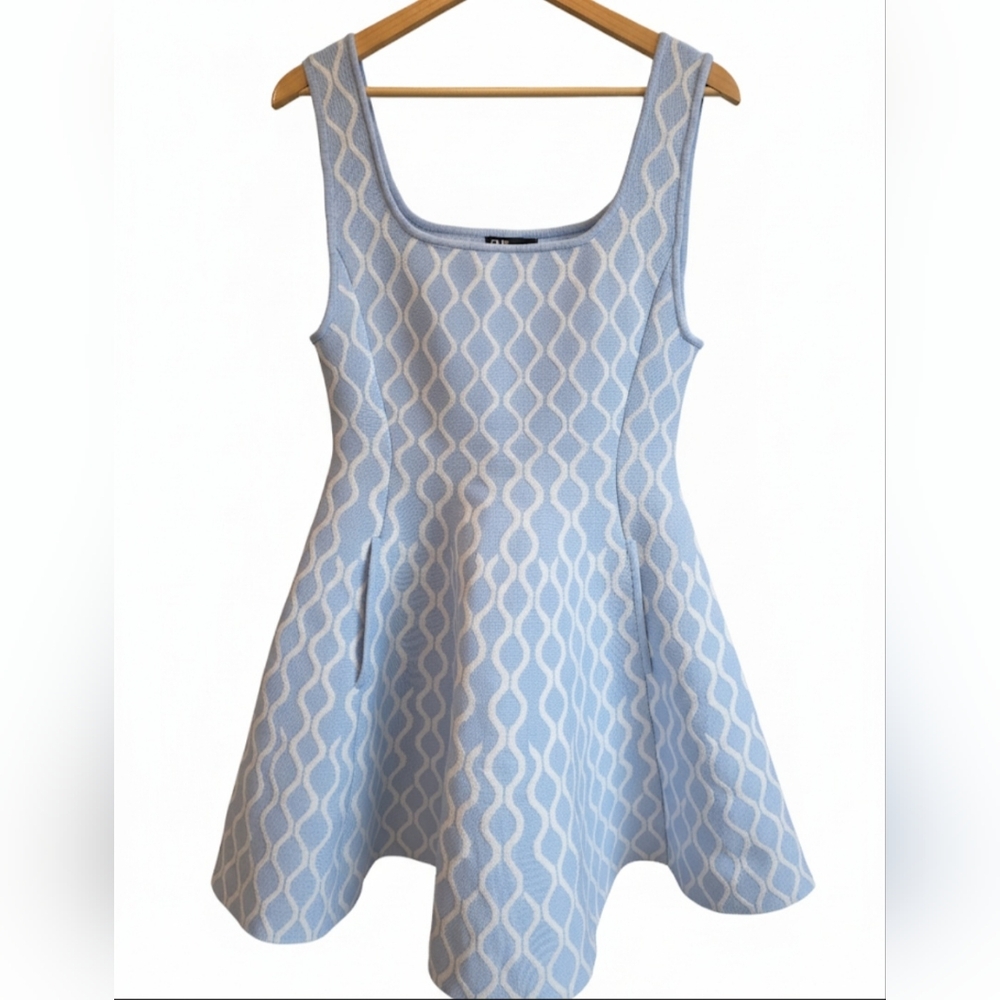 New  Maje Jaquard  Light Blue Geometric Mini Dress Size Small French Design